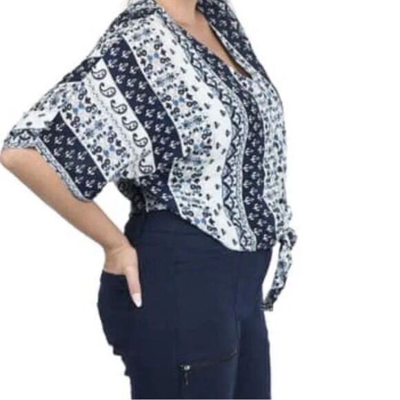 Jovie Front Tie Blue Paisley Button up V Neck Blouse - Picture 2 of 10